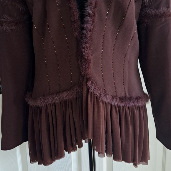 NWOT Champagne Italy Mink Faux Fur Trim Beaded Flowy Dressy Chic Jacket - Picture 3 of 9